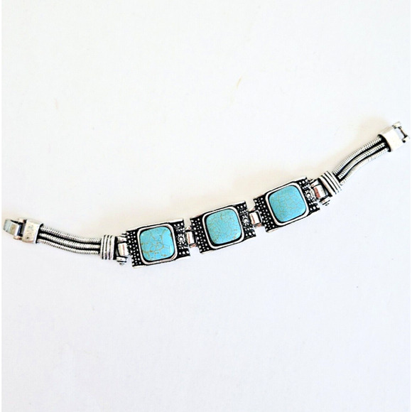 Faux Turquoise Bracelet Blue Geometric Silvertone Southwestern Aztec Boho Tribal - Picture 2 of 9